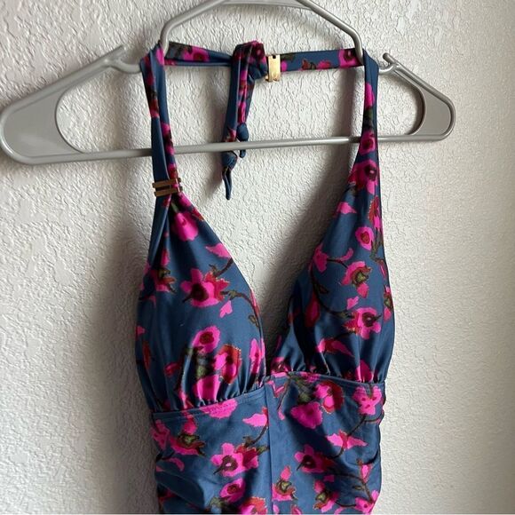 VIX PAULA HERMANNY Fiore Bia Ruched Floral-Print Halterneck Swimsuit Cobalt Blue - Picture 8 of 13